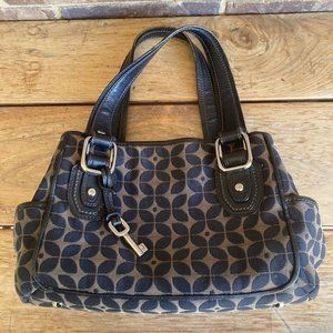 Fossil Black & Brown Multi Canvas Zip Satchel Handbag Hobo Purse Carryall Tote